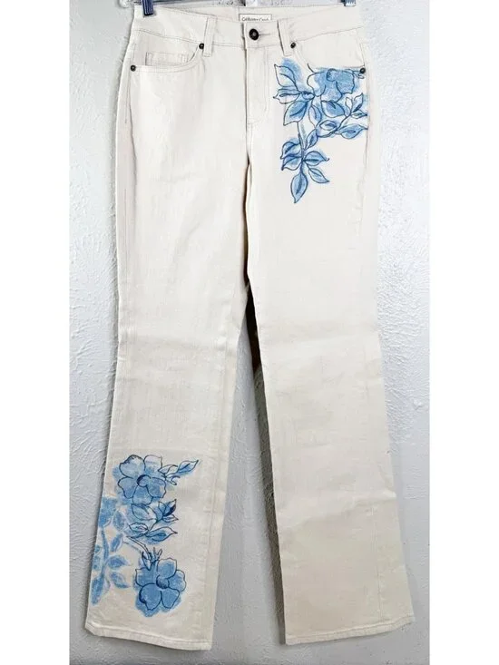 Coldwater Creek Sz 4 ( Actual 29x31) Beige Blue Flowers Bootcut Jeans EUC - Picture 1 of 10